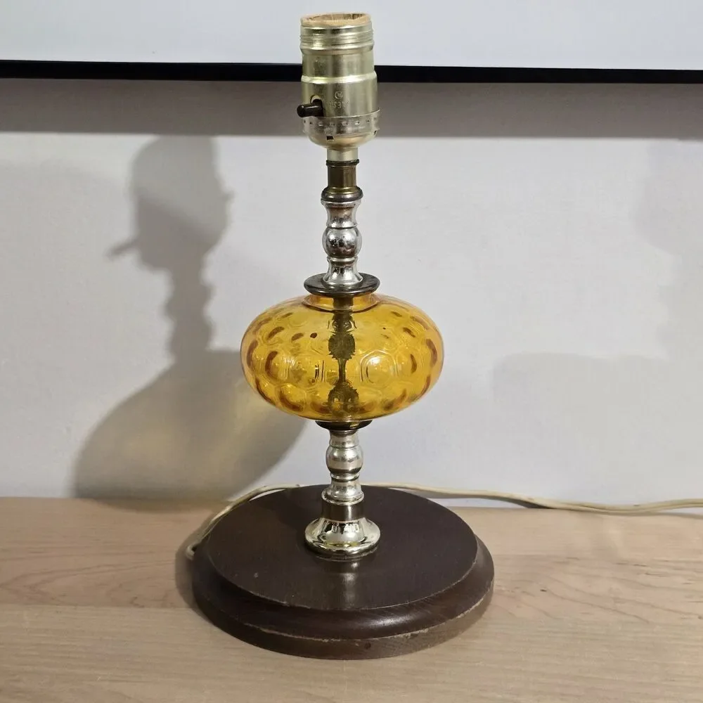 Vintage - Table Lamp - Amber Glass - Wood Base - Silvertone Post